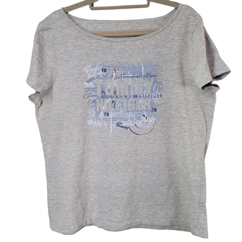 Tommy Hilfiger XL Womens Short Sleeve Graphic T Shirt Gray Blue Spell Out Roomy